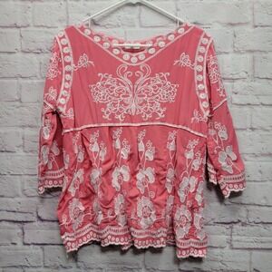 Sapphire Pink Boho Embroidered Peasant Blouse Sz M Fairy Floral Gypsy Festival